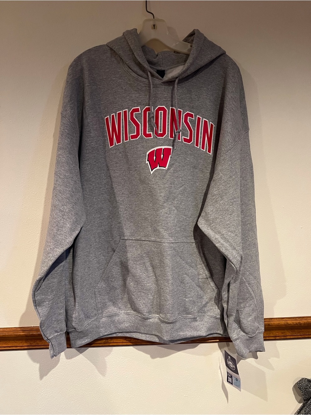 Wisconsin Badgers Grey Hooded Pullover Sweatshirt with Red Logo